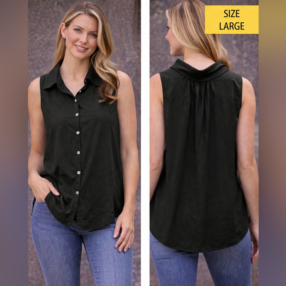 Sleeveless gem stone Button-Front Collared Top - Black LARGE